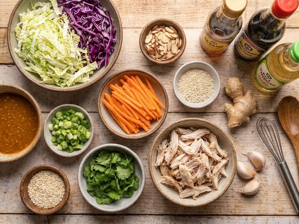 A kitchen counter with neatly arranged ingredients for Chinese chicken salad including napa cabbage, red cabbage, carrots, scallions, cilantro, shredded chicken, almonds, sesame oil, soy sauce, rice vinegar, ginger, and garlic