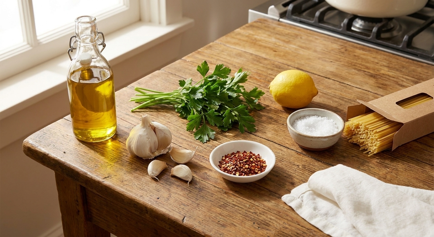 A kitchen counter with olive oil, garlic cloves, parsley, red pepper flakes, lemon, salt, and a box of spaghetti laid out neatly in warm natural light