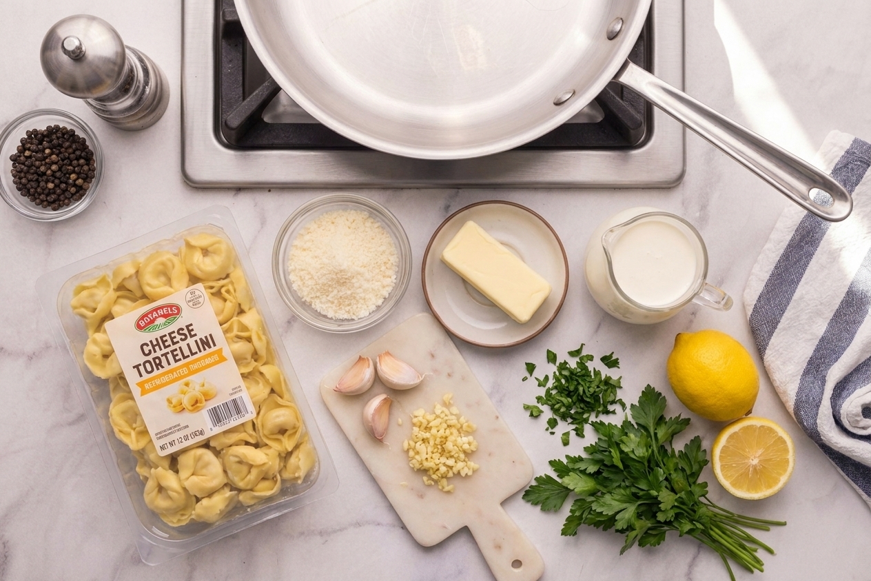 A kitchen counter with packaged refrigerated cheese tortellini, Parmesan, garlic, butter, cream, lemon, parsley, and black pepper laid out for cooking
