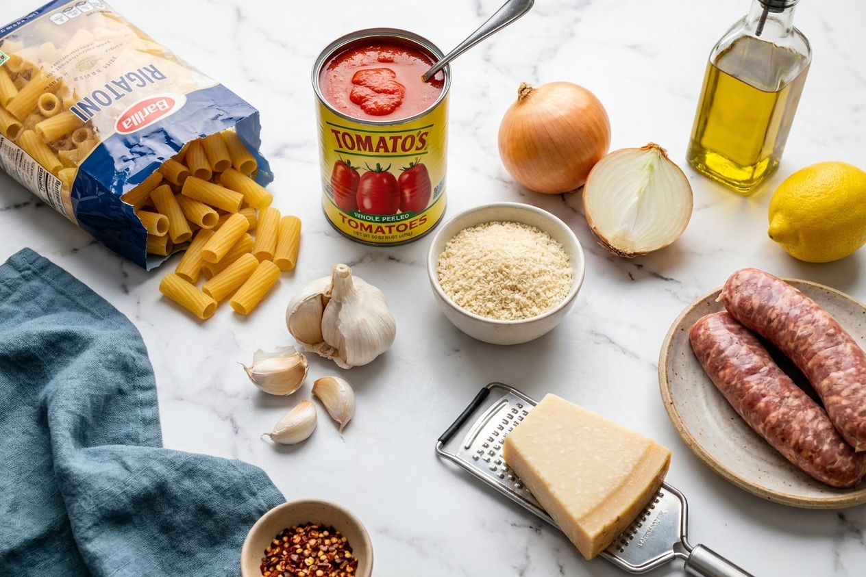 A kitchen counter with pantry-friendly ingredients laid out: dried pasta, canned tomatoes, garlic, onion, breadcrumbs, parmesan, lemon, olive oil, and Italian sausage
