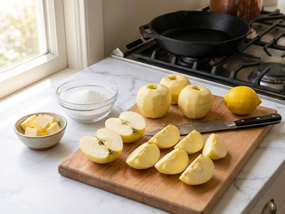 A kitchen counter with peeled apples, a bowl of sugar, a small bowl of butter cubes, and a lemon, set up for making tarte Tatin in warm natural light