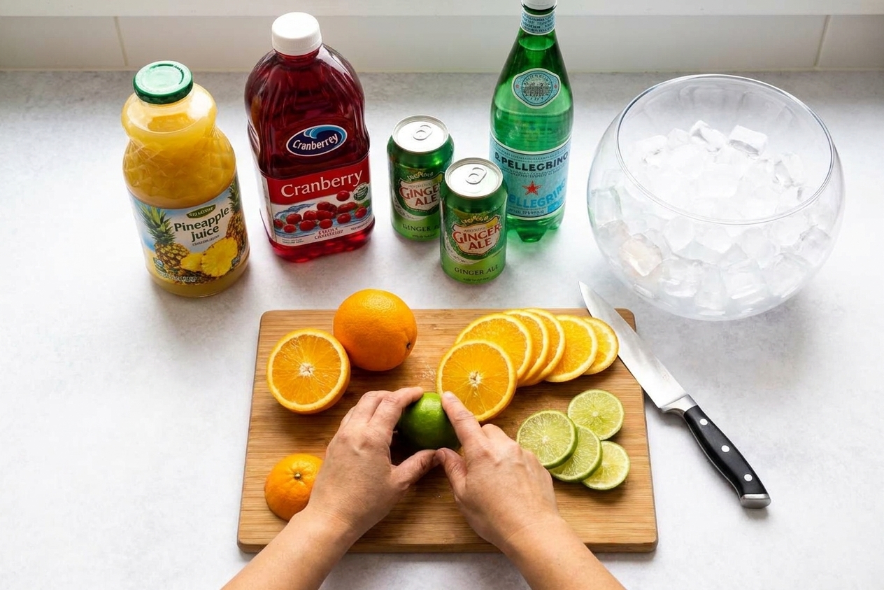 A kitchen counter with pineapple juice, cranberry juice, oranges, limes, ginger ale, sparkling water, and a bowl of ice laid out for making punch