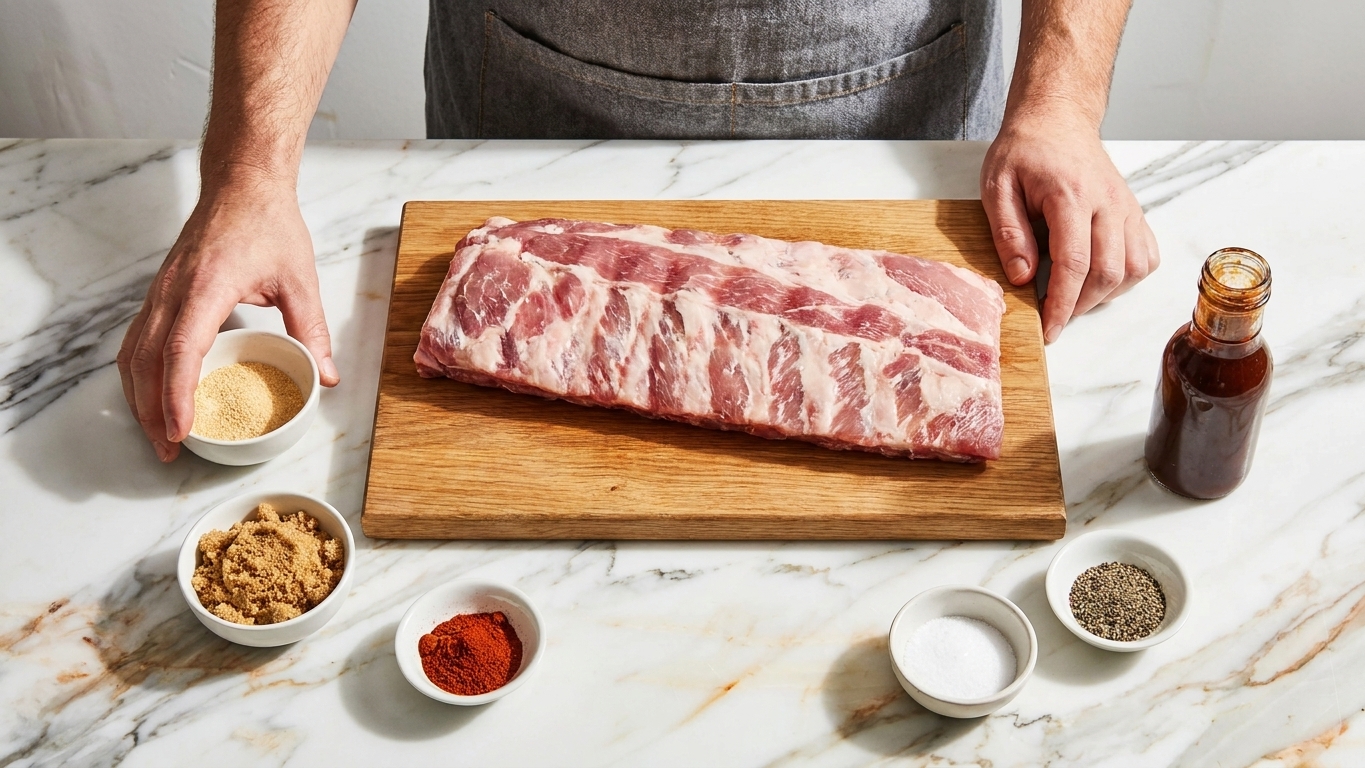 A kitchen counter with pork ribs, brown sugar, paprika, garlic powder, salt, black pepper, and a bottle of barbecue sauce arranged for prep