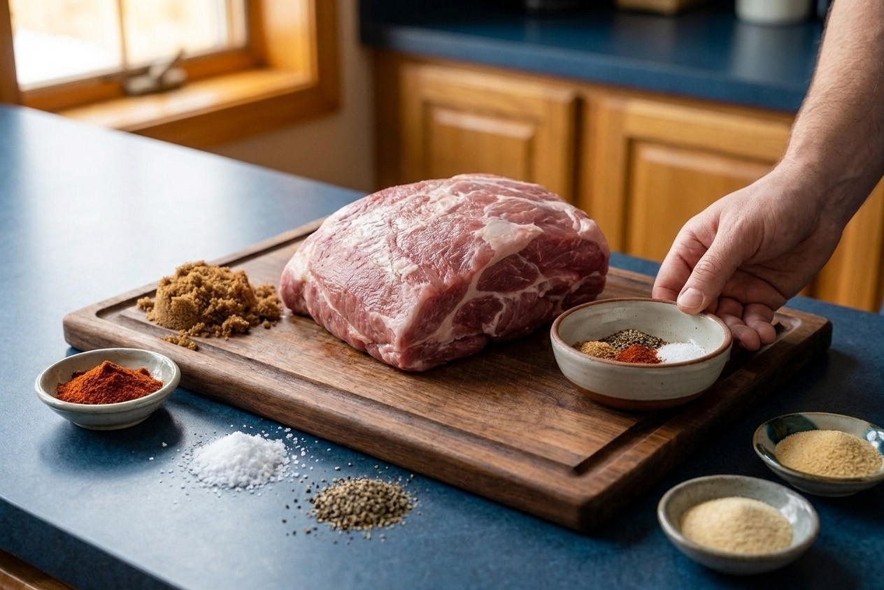 A kitchen counter with pork shoulder, brown sugar, paprika, salt, pepper, garlic powder, onion powder, and a small bowl of spices ready for mixing