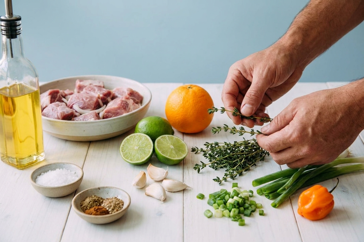 A kitchen counter with pork shoulder chunks, limes, orange, garlic, thyme, scallions, scotch bonnet pepper, oil, and small bowls of salt and spices laid out for Haitian griot