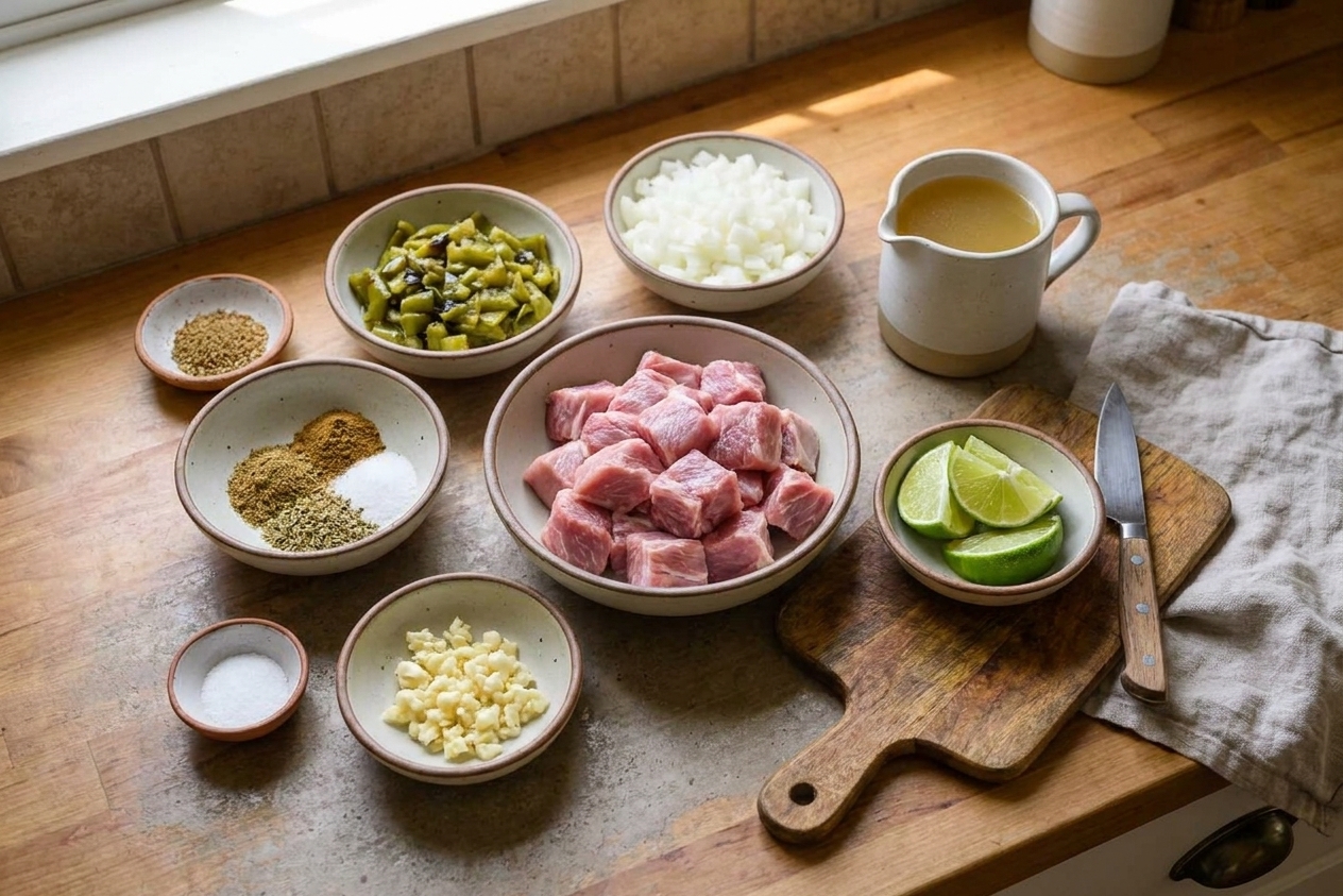 A kitchen counter with pork shoulder cubes, roasted green chiles, onion, garlic, spices, broth, and lime arranged in small bowls ready for cooking