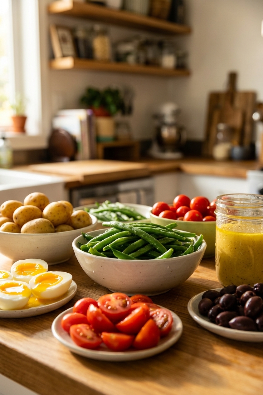 A kitchen counter with prepped ingredients for tuna Niçoise including cooked baby potatoes, blanched green beans, halved soft-boiled eggs, cherry tomatoes, olives, and a jar of Dijon vinaigrette, natural light, real food photography