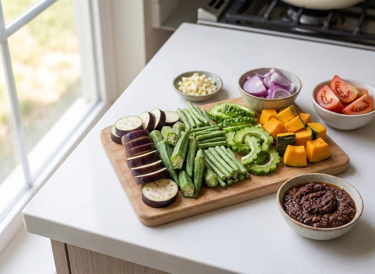 A kitchen counter with prepped pinakbet vegetables including sliced eggplant, okra, long beans, bitter melon, and cubed kabocha squash alongside garlic, onion, tomato, and a small bowl of bagoong