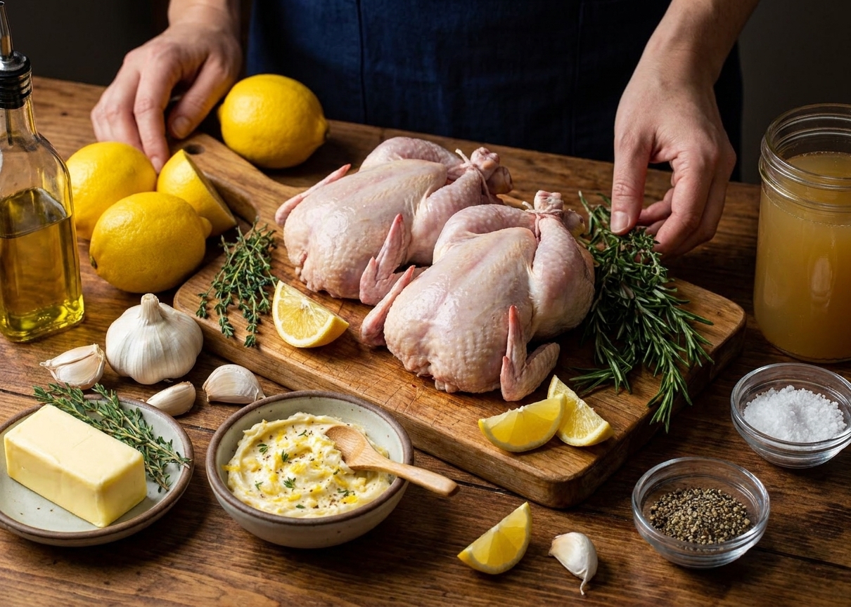 A kitchen counter with raw Cornish game hens, lemons, garlic, fresh thyme, rosemary, butter, olive oil, salt, pepper, and chicken broth laid out for cooking