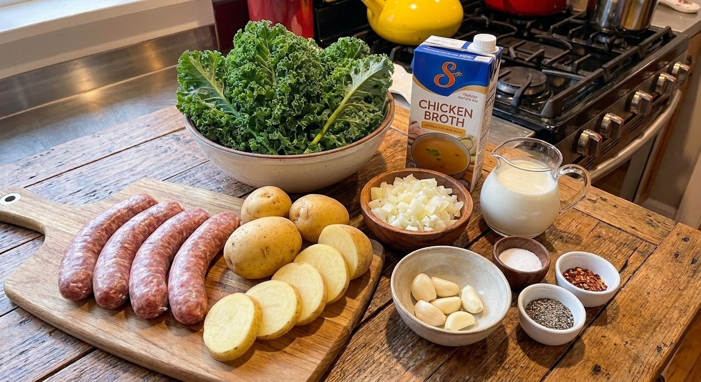 A kitchen counter with raw Italian sausage, Yukon Gold potatoes, kale, onion, garlic, chicken broth, cream, and seasonings laid out in small bowls