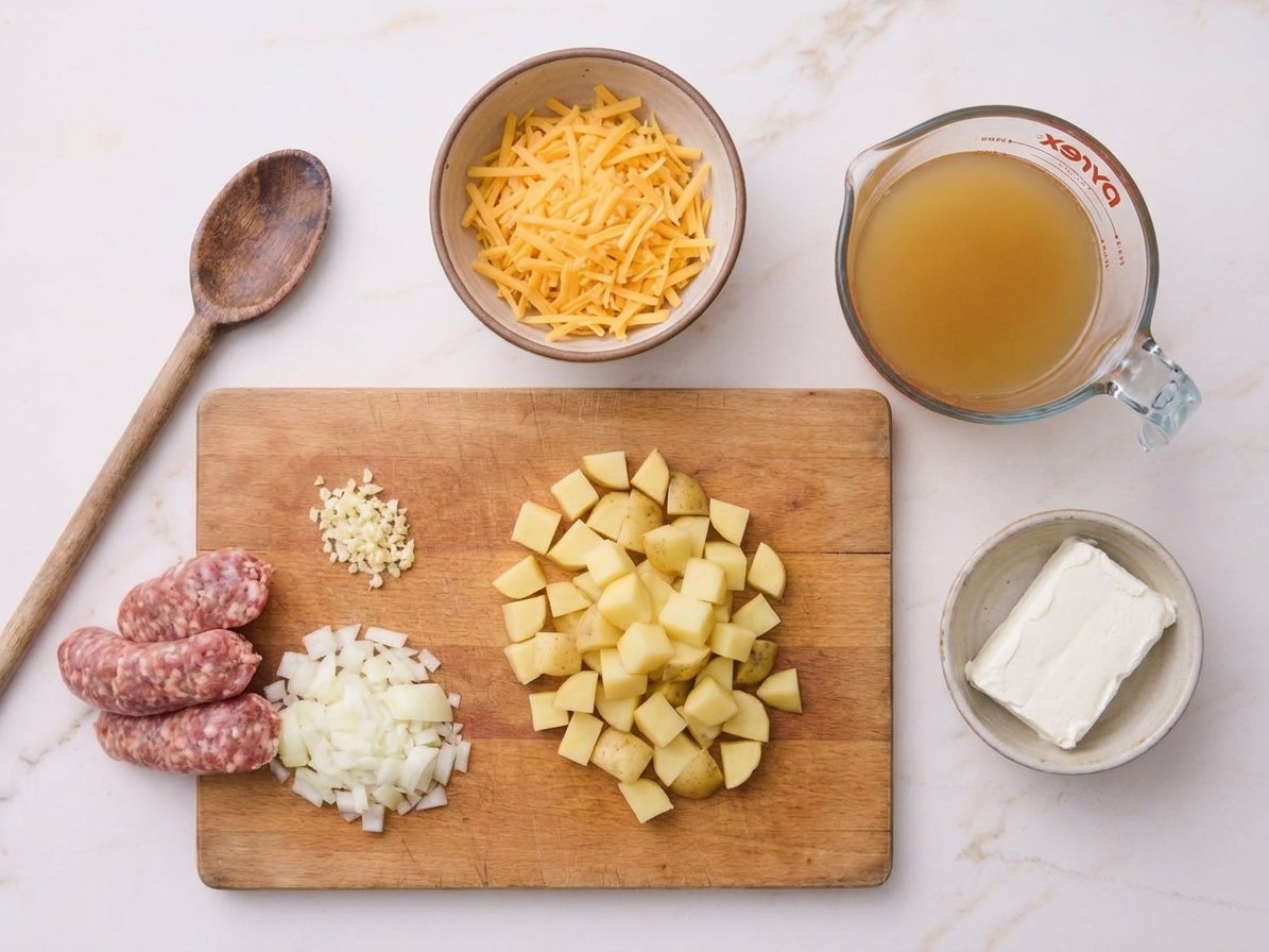 A kitchen counter with raw Italian sausage, diced potatoes, chopped onion, minced garlic, chicken broth, shredded cheddar, and cream cheese laid out in bowls and measuring cups