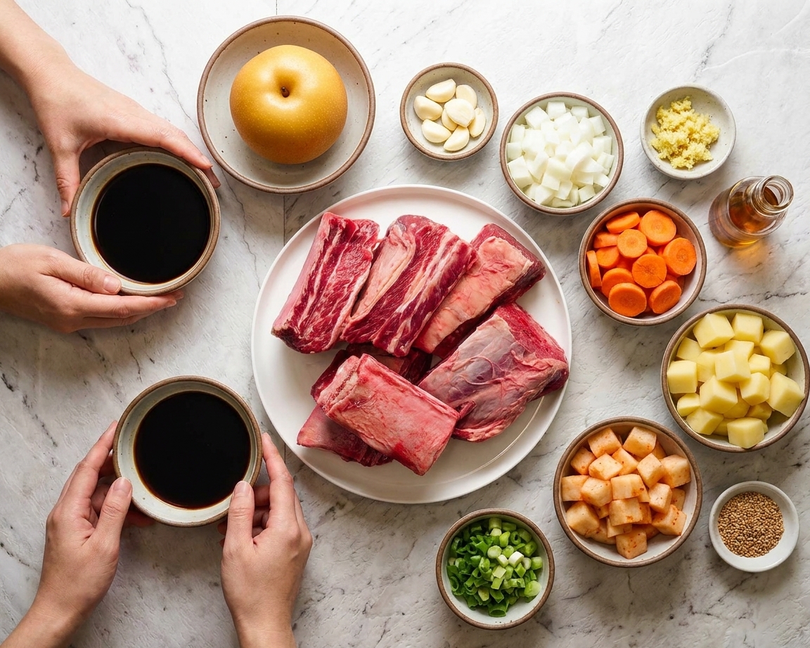 A kitchen counter with raw beef short ribs, soy sauce, Asian pear, garlic, ginger, onion, carrots, potatoes, Korean radish, scallions, sesame oil, and toasted sesame seeds arranged in small bowls