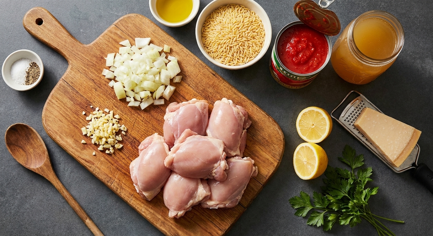 A kitchen counter with raw boneless chicken thighs, dry risoni (orzo), canned crushed tomatoes, chicken broth, garlic, onion, parmesan, lemon, and herbs arranged for cooking