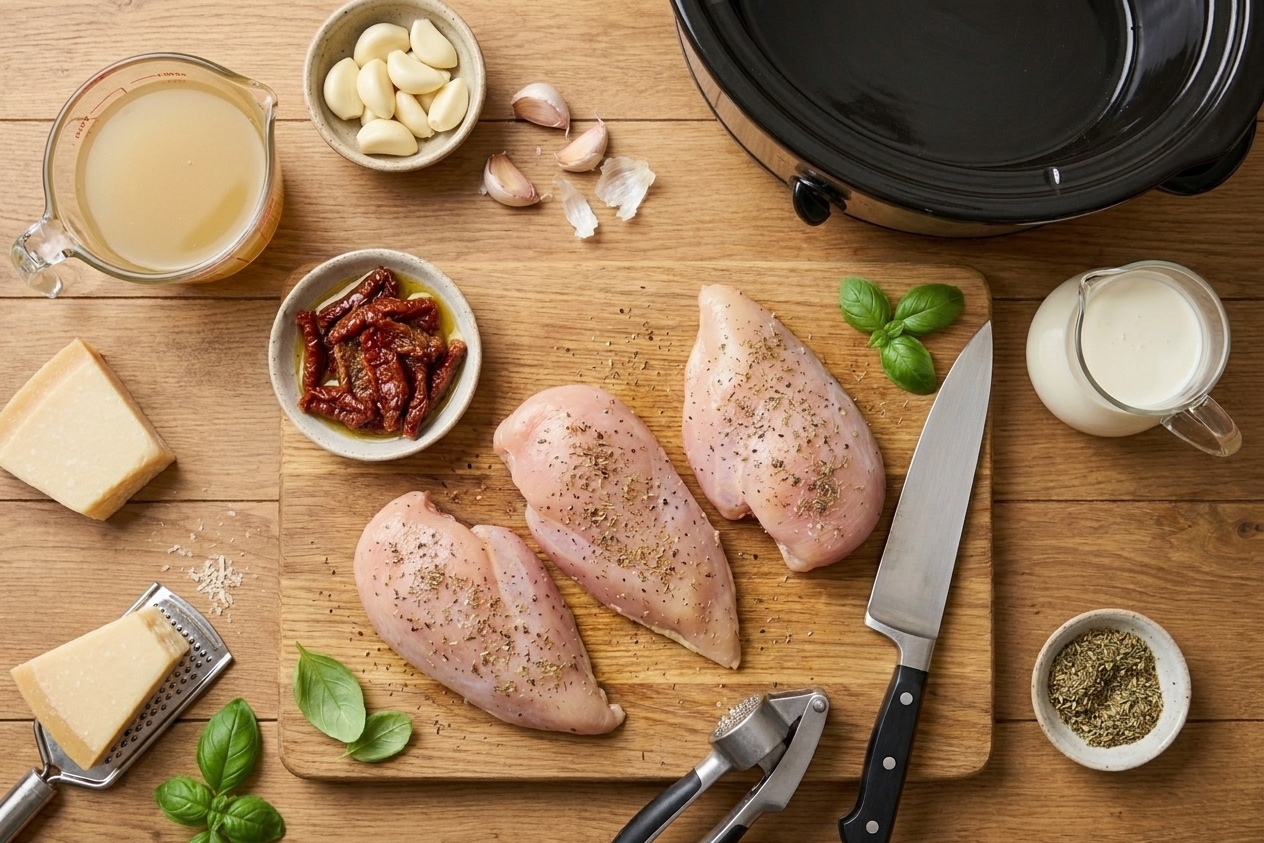 A kitchen counter with raw chicken breasts, sun-dried tomatoes, garlic, chicken broth, heavy cream, Parmesan, and Italian herbs arranged for cooking