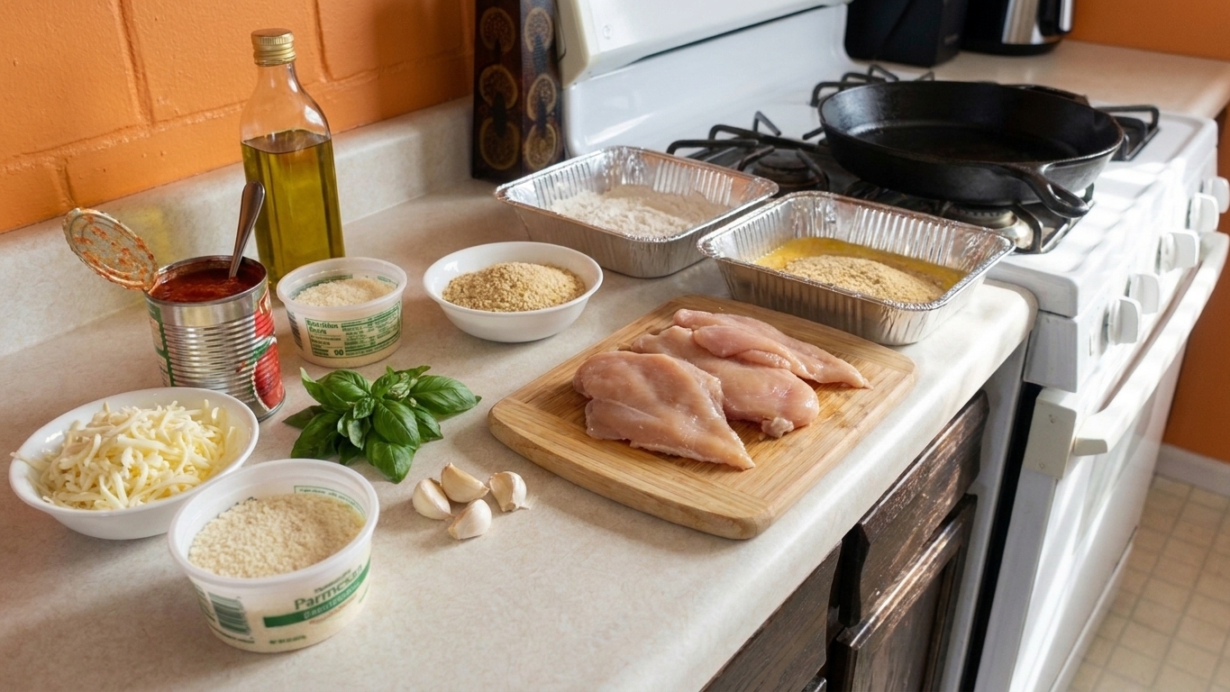 A kitchen counter with raw chicken cutlets, shredded mozzarella, canned crushed tomatoes, basil, garlic, breadcrumbs, Parmesan, and olive oil arranged for cooking