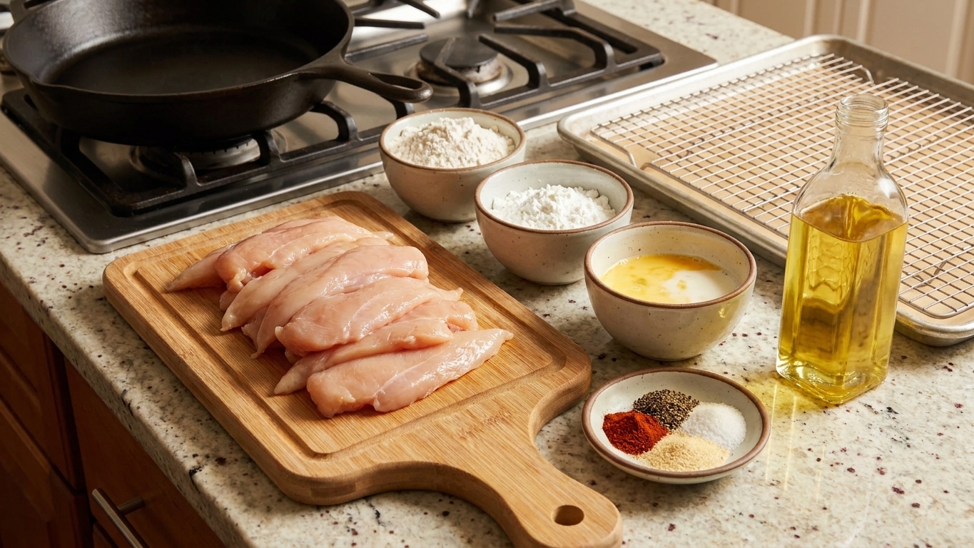 A kitchen counter with raw chicken tenders, flour, cornstarch, eggs, milk, seasonings, and oil ready for making crispy tenders