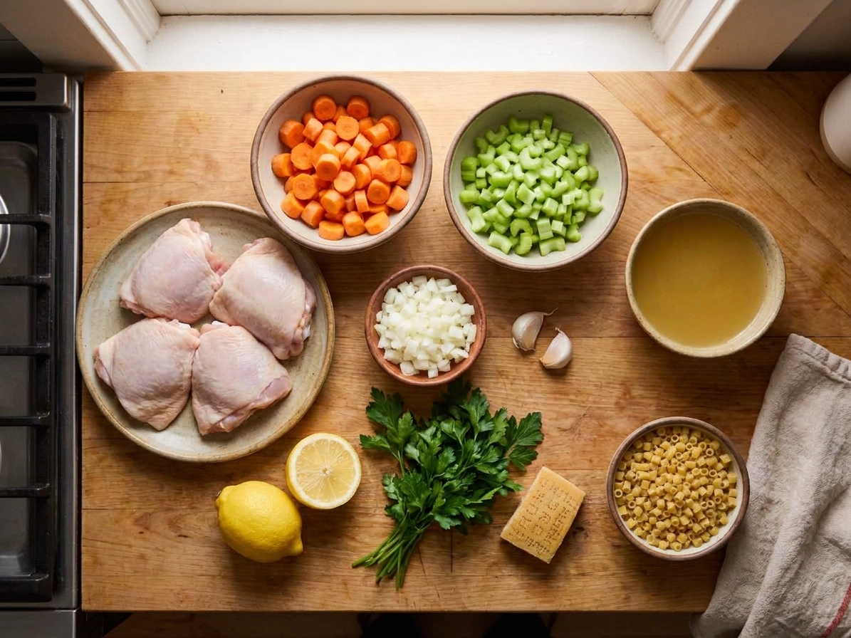 A kitchen counter with raw chicken thighs, carrots, celery, onion, garlic, lemons, parsley, parmesan rind, and small pasta measured and ready for soup