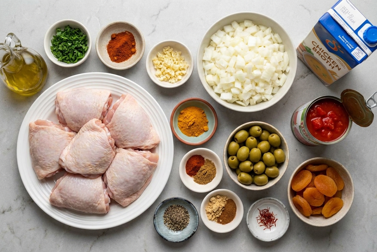 A kitchen counter with raw chicken thighs, dried apricots, green olives, onion, garlic, canned tomatoes, chicken broth, olive oil, and small bowls of ground spices laid out for cooking