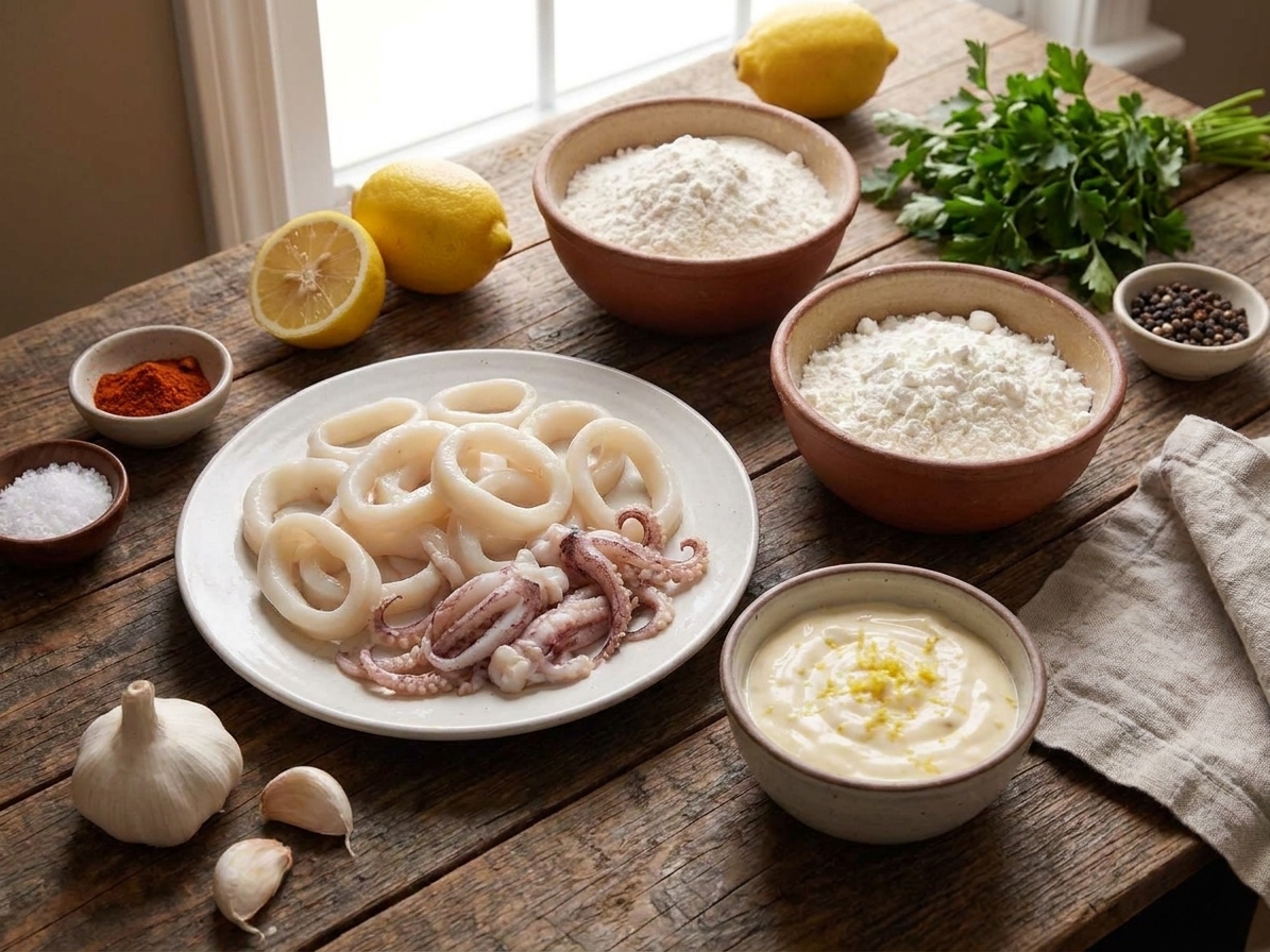 A kitchen counter with raw cleaned calamari rings and tentacles, flour, cornstarch, lemons, garlic, parsley, paprika, salt, pepper, and a small bowl of mayonnaise laid out for cooking prep