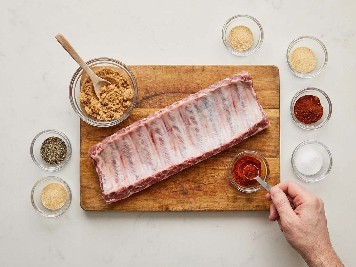 A kitchen counter with raw pork spare ribs, bowls of brown sugar, paprika, salt, pepper, garlic powder, and chili powder laid out for seasoning