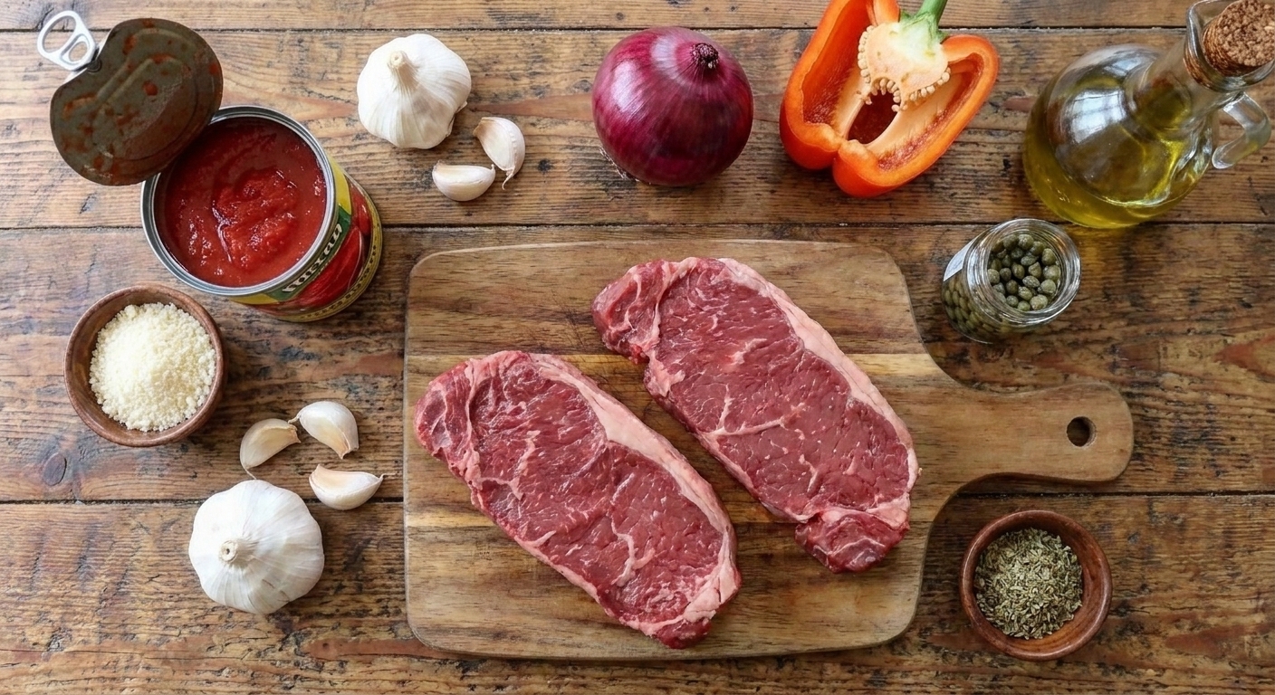 A kitchen counter with raw sirloin steaks, canned crushed tomatoes, garlic, onion, bell pepper, capers, oregano, olive oil, and a small bowl of grated Parmesan