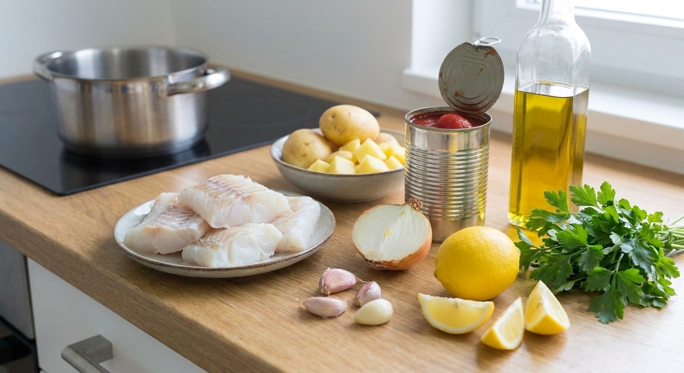 A kitchen counter with raw white fish pieces, Yukon Gold potatoes, canned tomatoes, onion, garlic, lemon, parsley, and olive oil arranged for cooking