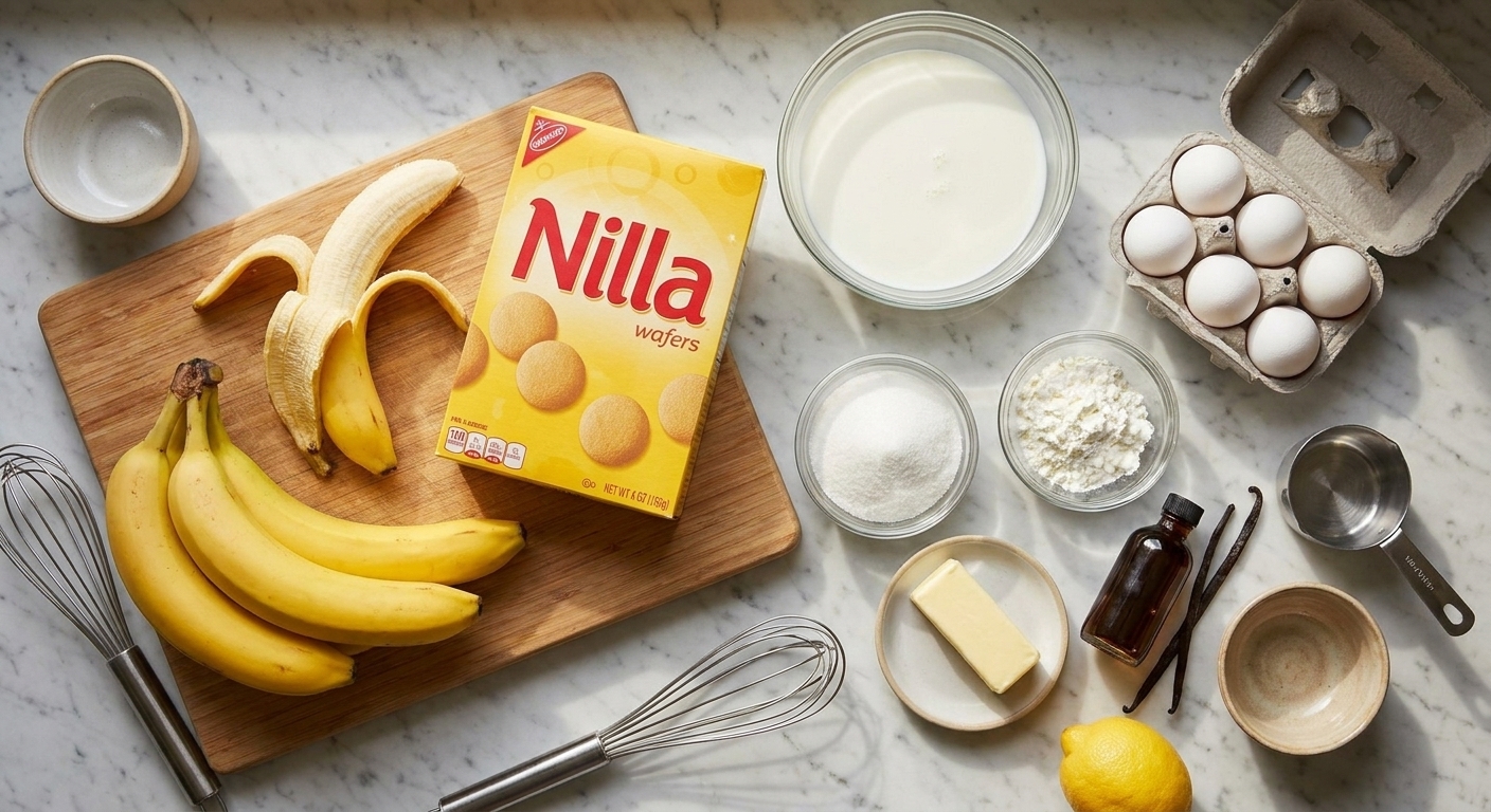 A kitchen counter with ripe bananas, vanilla wafers, milk, eggs, sugar, cornstarch, butter, vanilla extract, and a lemon laid out for banana pudding prep
