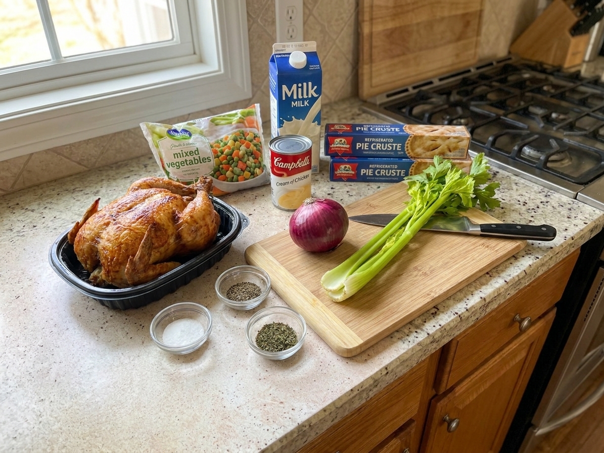 A kitchen counter with rotisserie chicken, frozen mixed vegetables, cream of chicken soup can, milk, pie crusts, onion, celery, and seasonings laid out for pot pie