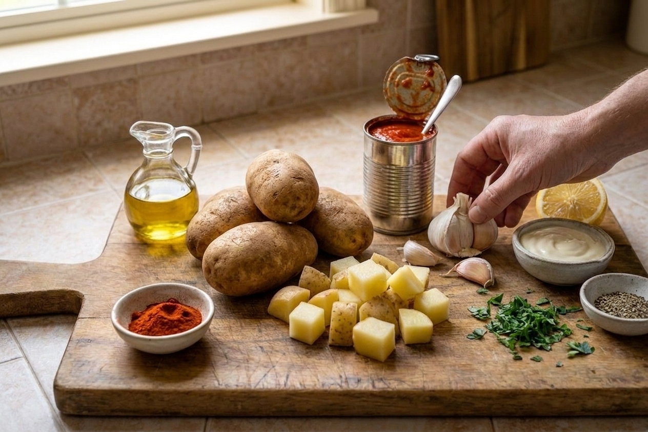 A kitchen counter with russet potatoes, olive oil, smoked paprika, canned crushed tomatoes, garlic, mayonnaise, lemon, and spices laid out for patatas bravas