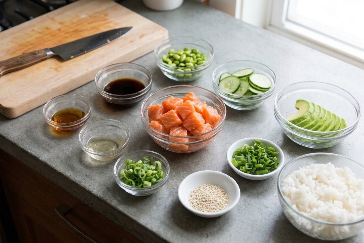 A kitchen counter with salmon, soy sauce, sesame oil, rice vinegar, scallions, cucumbers, avocado, sesame seeds, and cooked rice ingredients laid out in small bowls
