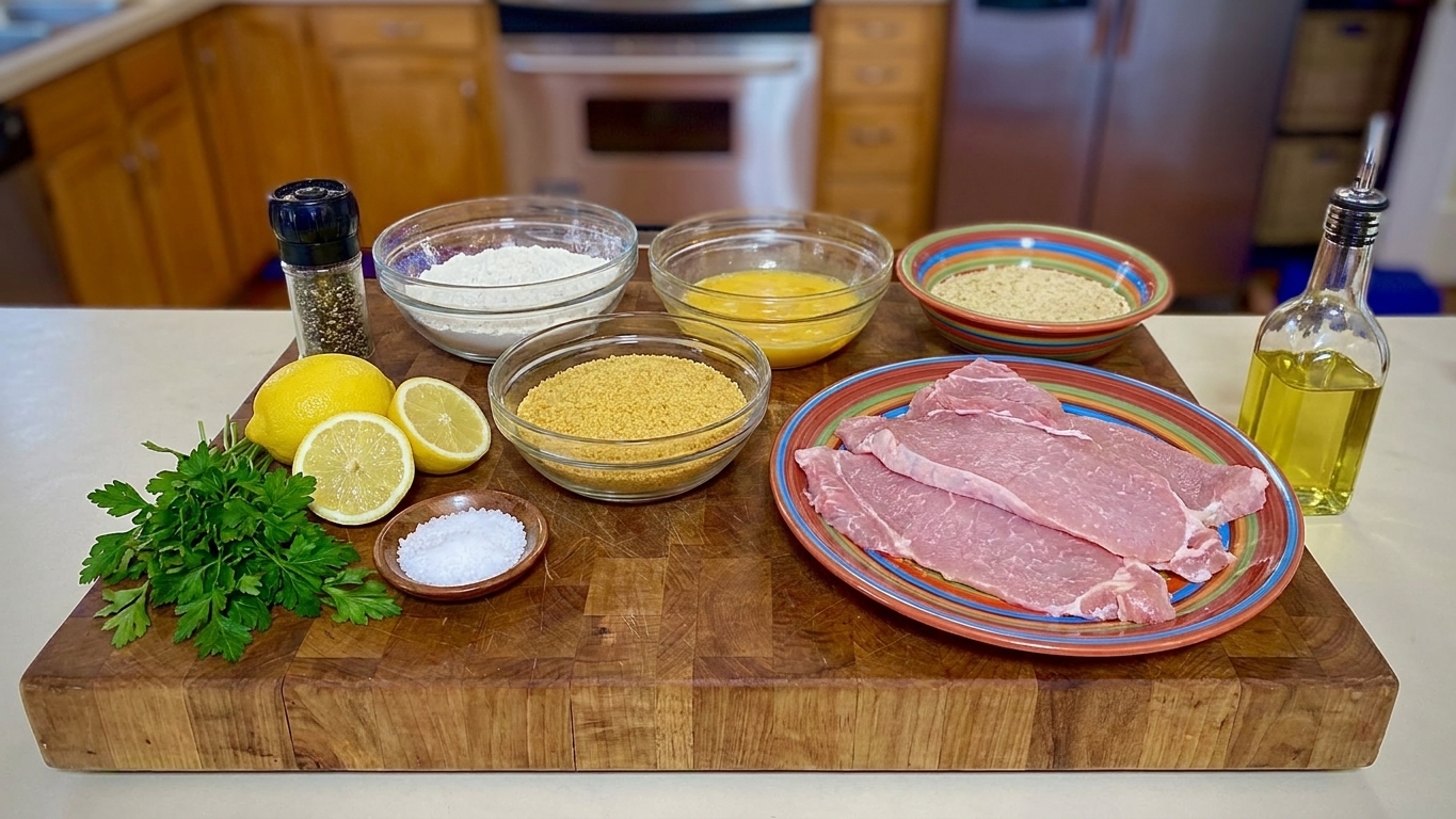 A kitchen counter with schnitzel ingredients laid out: thin cutlets, flour, eggs, breadcrumbs, lemon, parsley, salt, pepper, and neutral oil