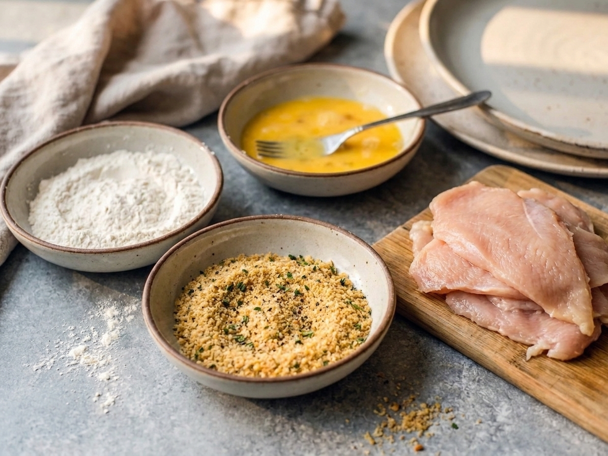 A kitchen counter with shallow bowls of flour, beaten eggs, and seasoned breadcrumbs next to thinly pounded chicken cutlets ready for breading