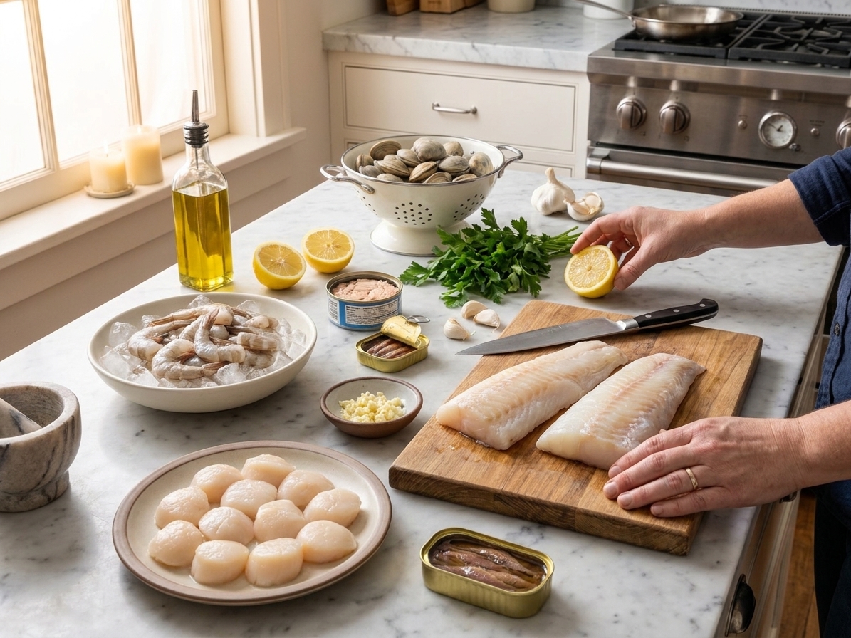 A kitchen counter with shrimp, scallops, cod fillets, clams, canned tuna, canned anchovies, lemons, parsley, garlic, and olive oil laid out for prep