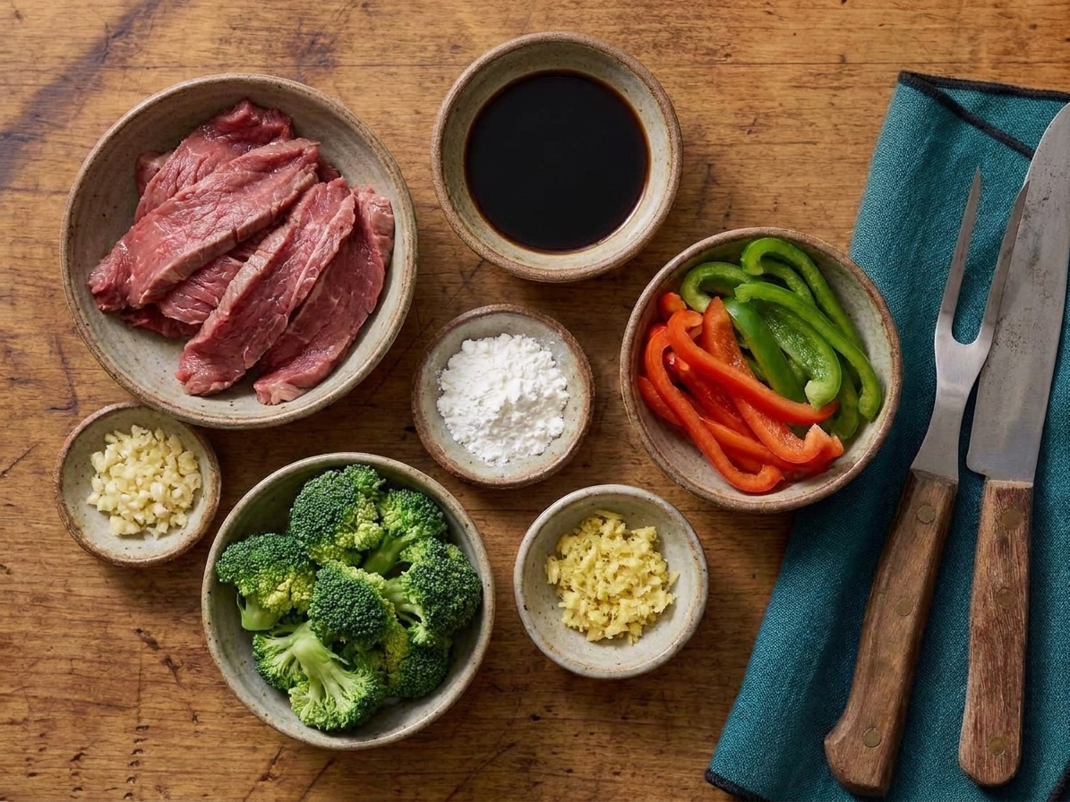 A kitchen counter with sliced beef, soy sauce, cornstarch, garlic, ginger, broccoli florets, and sliced bell peppers arranged in small bowls