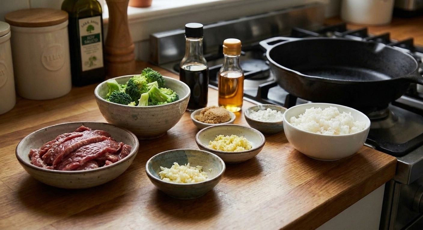 A kitchen counter with sliced flank steak, broccoli florets, garlic, ginger, soy sauce, brown sugar, cornstarch, sesame oil, and a bowl of rice laid out as stir fry ingredients in consistent warm lighting