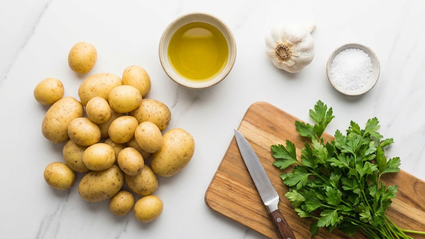 A kitchen counter with small Yukon Gold or baby potatoes, a bowl of olive oil, a head of garlic, kosher salt, and fresh parsley laid out for prep
