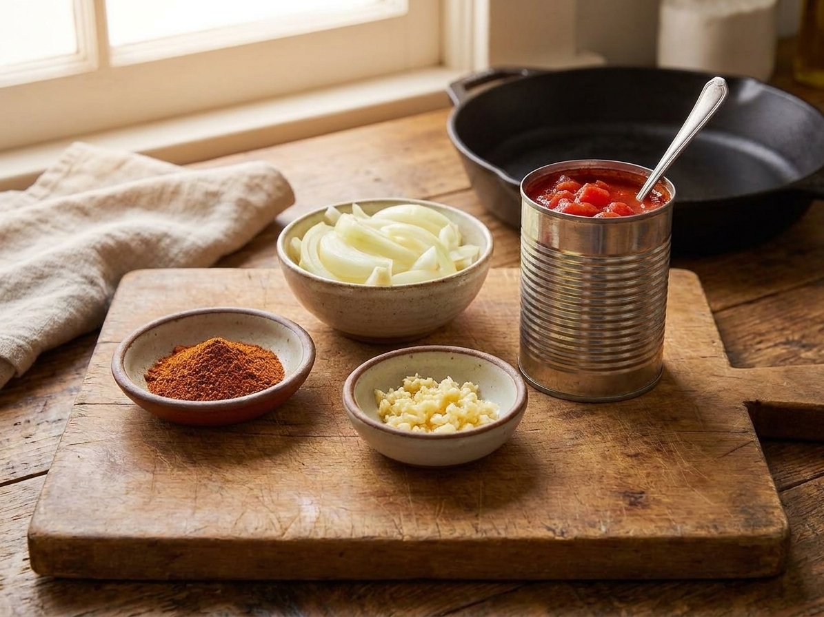 A kitchen counter with small bowls of Cajun seasoning, minced garlic, sliced onion, and a can of diced tomatoes arranged for cooking in warm natural light
