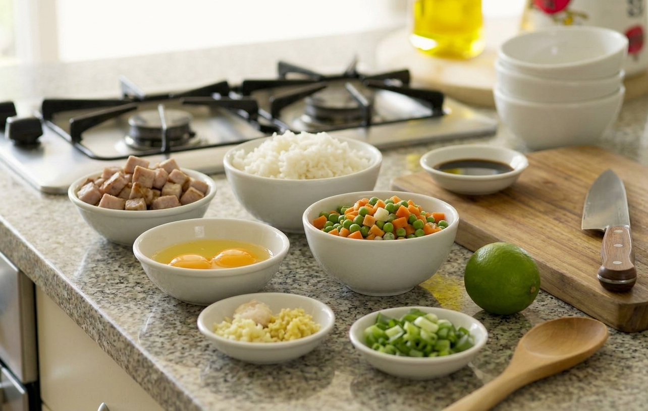 A kitchen counter with small bowls of diced leftover pork loin, cooked rice, peas and carrots, eggs, soy sauce, garlic, ginger, scallions, and a lime, arranged for cooking