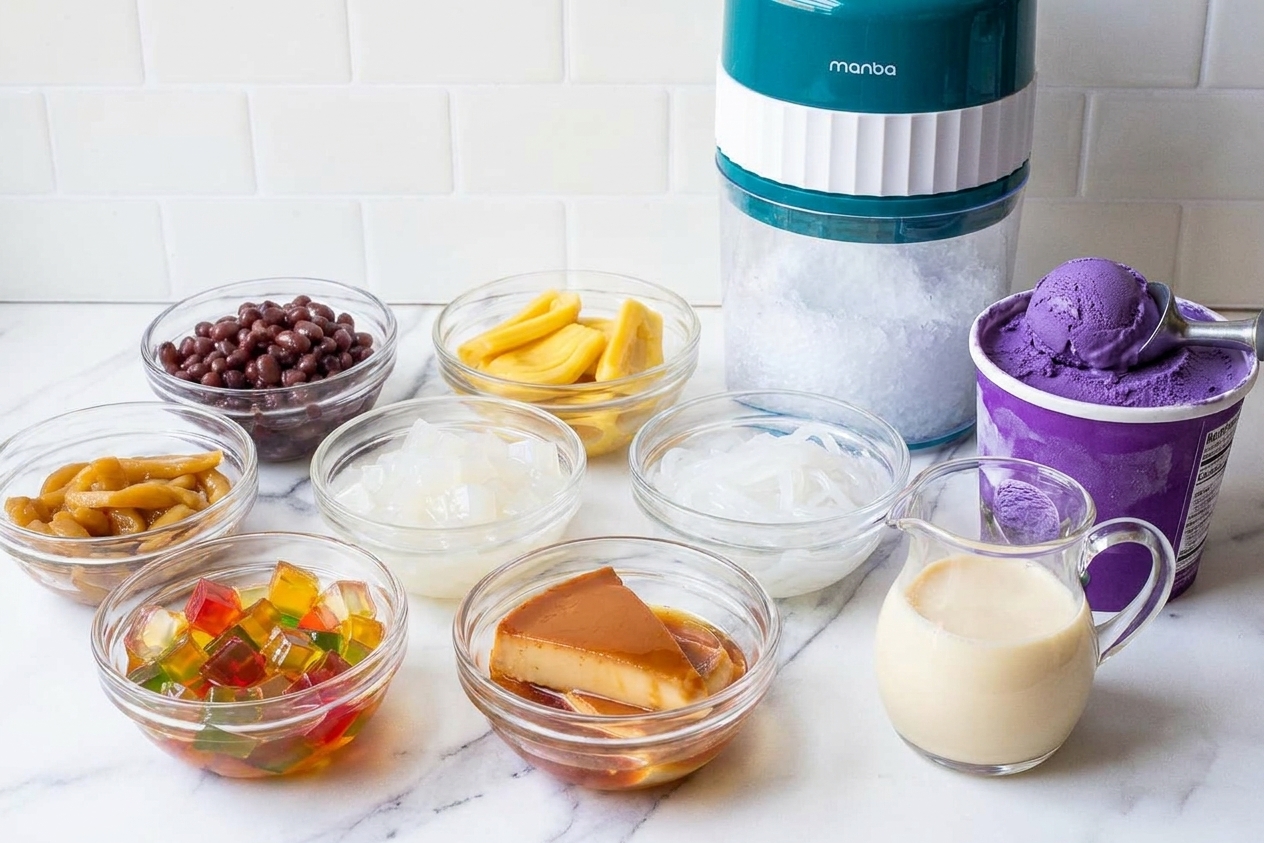 A kitchen counter with small bowls of halo-halo ingredients like sweetened red beans, jackfruit, nata de coco, coconut strings, jellies, leche flan slices, evaporated milk, and a tub of ube ice cream ready for assembly