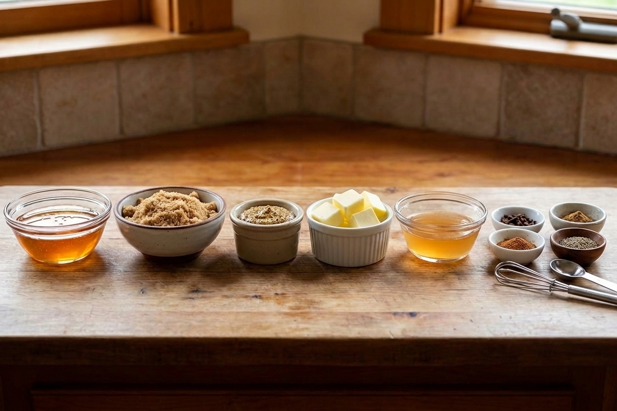 A kitchen counter with small bowls of honey, brown sugar, Dijon mustard, butter, apple cider vinegar, and spices measured out and ready to use