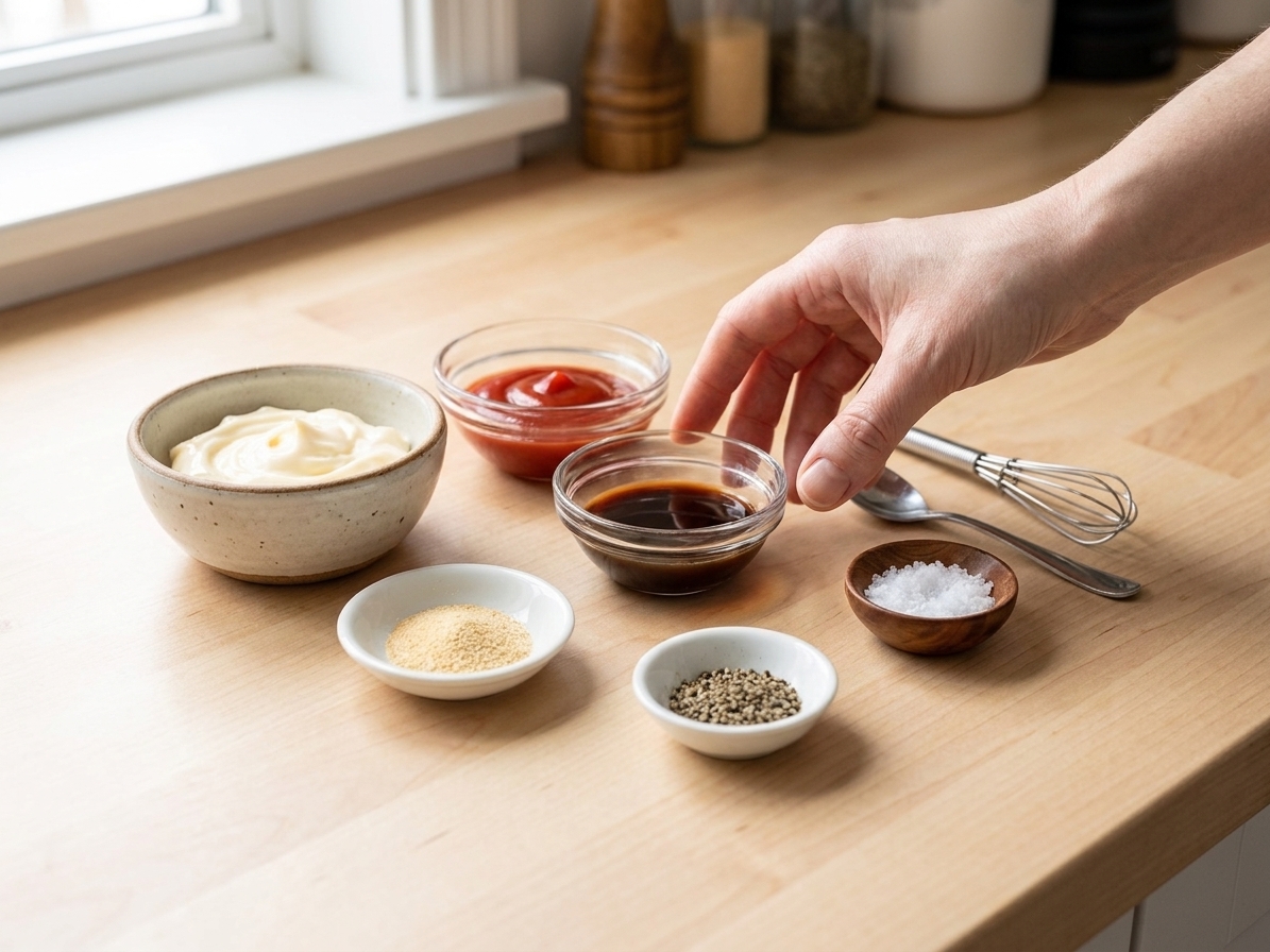 A kitchen counter with small bowls of mayonnaise, ketchup, Worcestershire sauce, garlic powder, black pepper, and a pinch of salt ready to be mixed