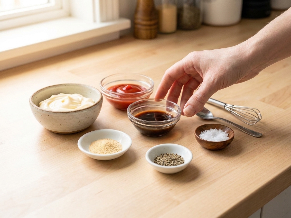 A kitchen counter with small bowls of mayonnaise, ketchup, Worcestershire sauce, garlic powder, black pepper, and a pinch of salt ready to be mixed