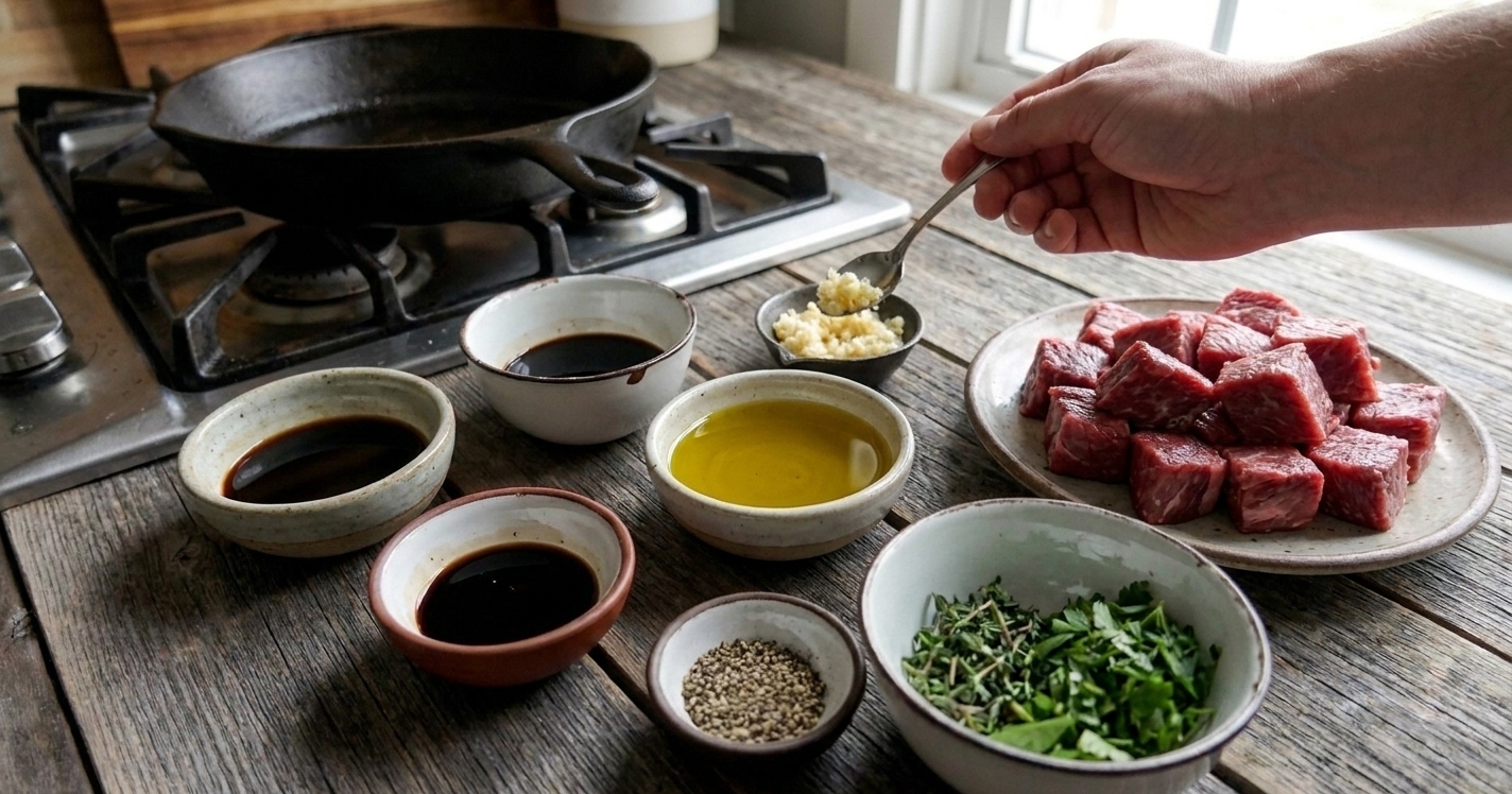 A kitchen counter with small bowls of soy sauce, balsamic vinegar, olive oil, minced garlic, black pepper, and chopped herbs arranged next to raw steak tips