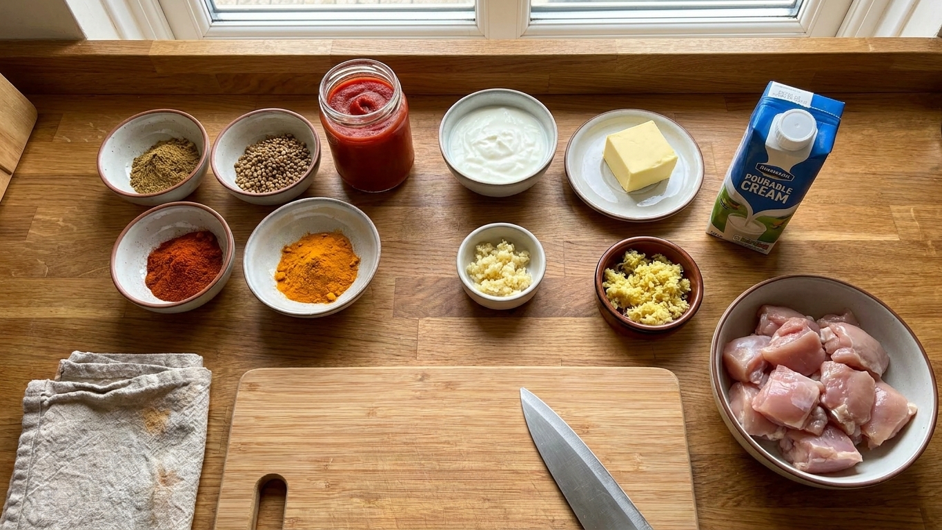 A kitchen counter with small bowls of spices, tomato puree, yogurt, butter, cream, garlic, ginger, and cubed chicken thighs laid out for cooking