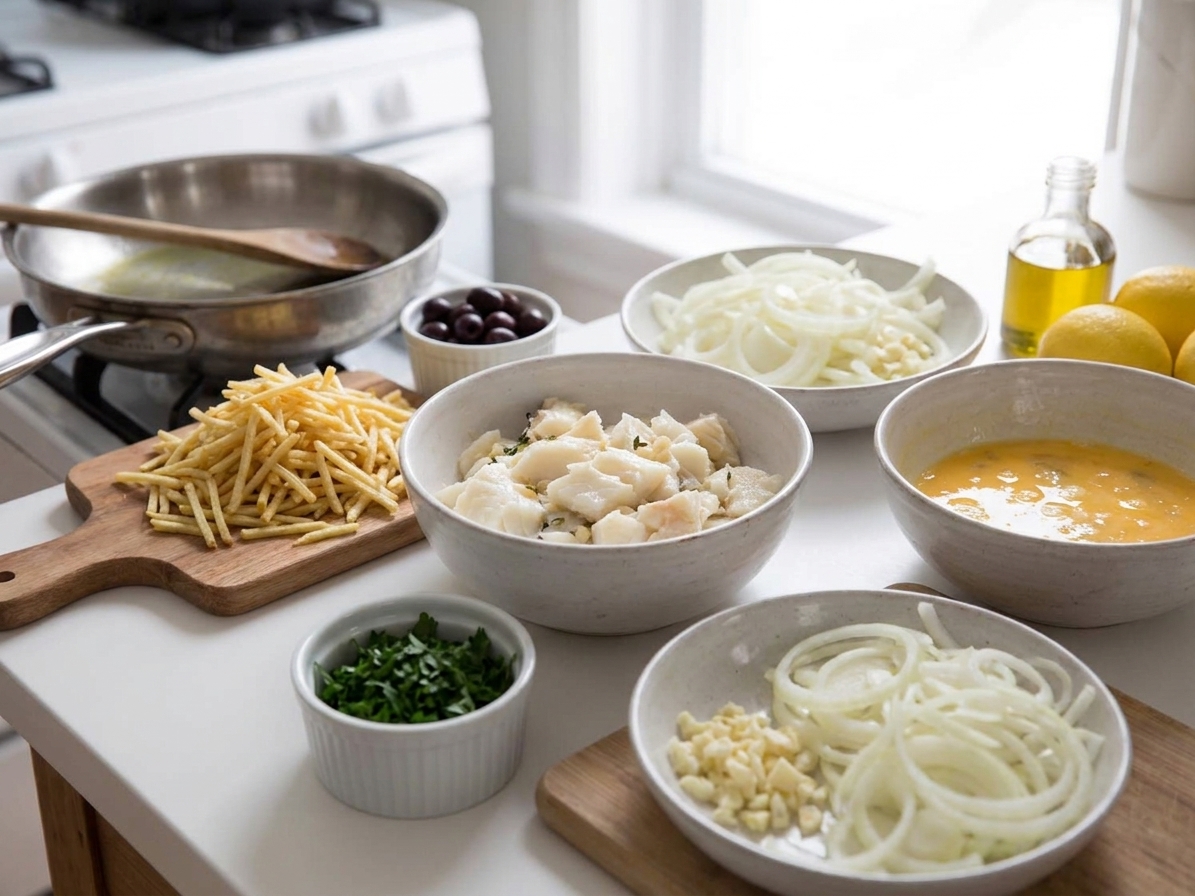 A kitchen counter with soaked salt cod, sliced onions, eggs, shoestring potatoes, parsley, lemons, and black olives set out and ready to cook