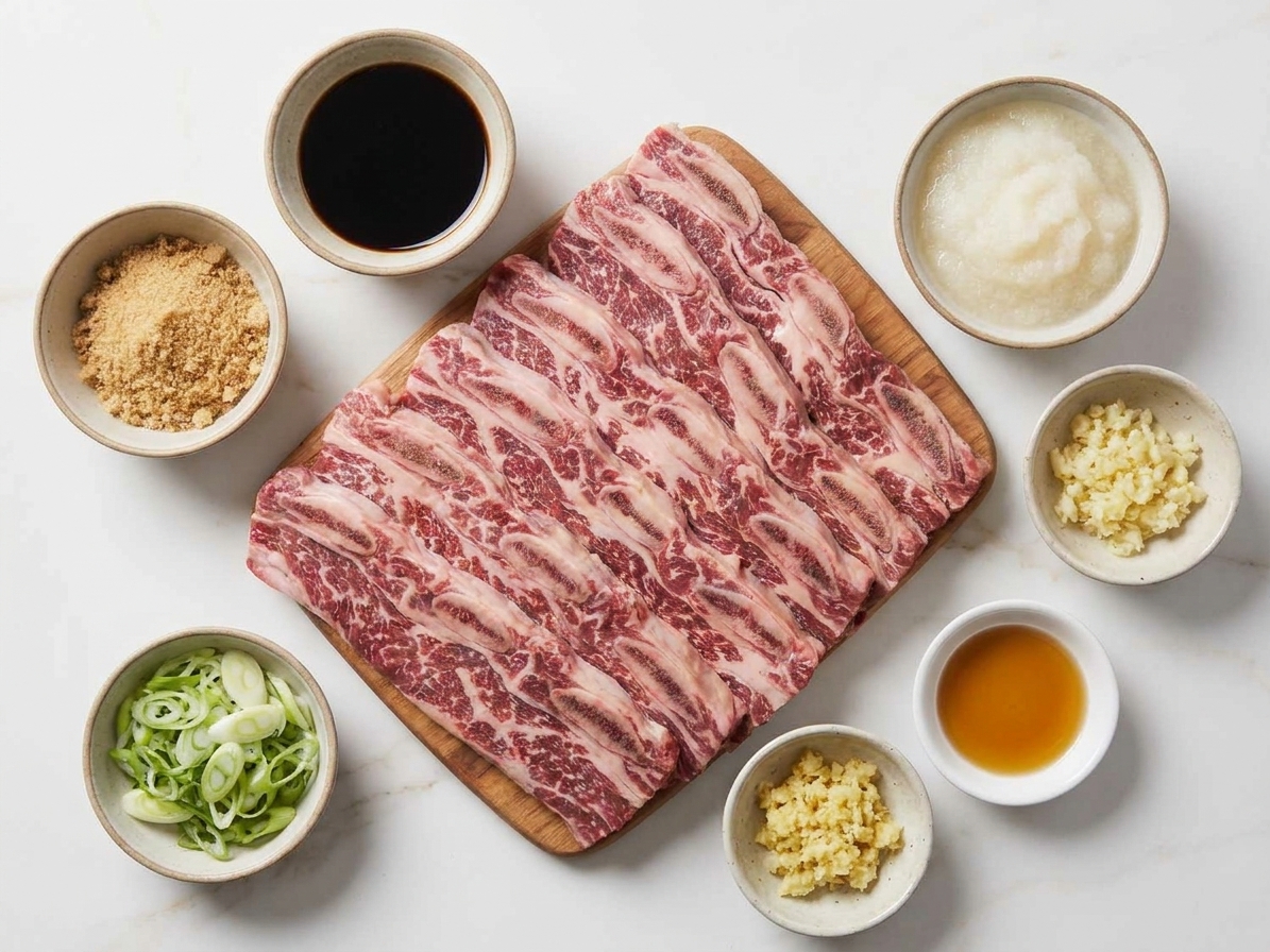 A kitchen counter with soy sauce, brown sugar, Asian pear, garlic, ginger, sesame oil, sliced scallions, and thin-cut short ribs arranged in small bowls