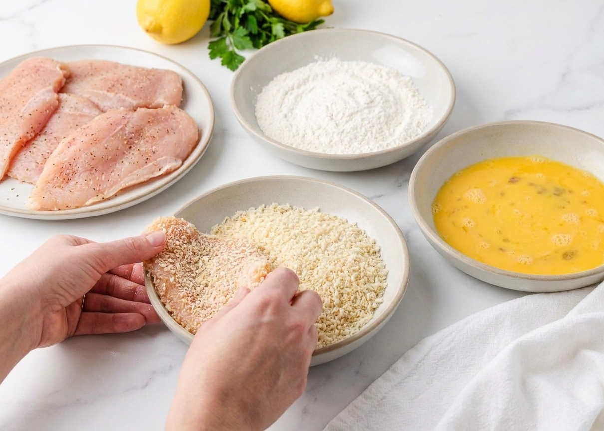 A kitchen counter with three shallow bowls holding flour, beaten eggs, and panko breadcrumbs next to seasoned chicken cutlets ready to bread
