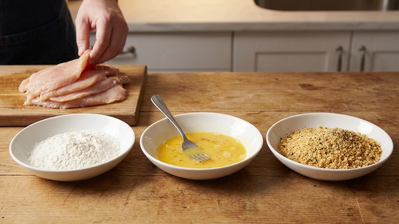 A kitchen counter with three shallow bowls set up for breading chicken cutlets: flour, beaten eggs, and seasoned breadcrumbs, with thin chicken pieces nearby