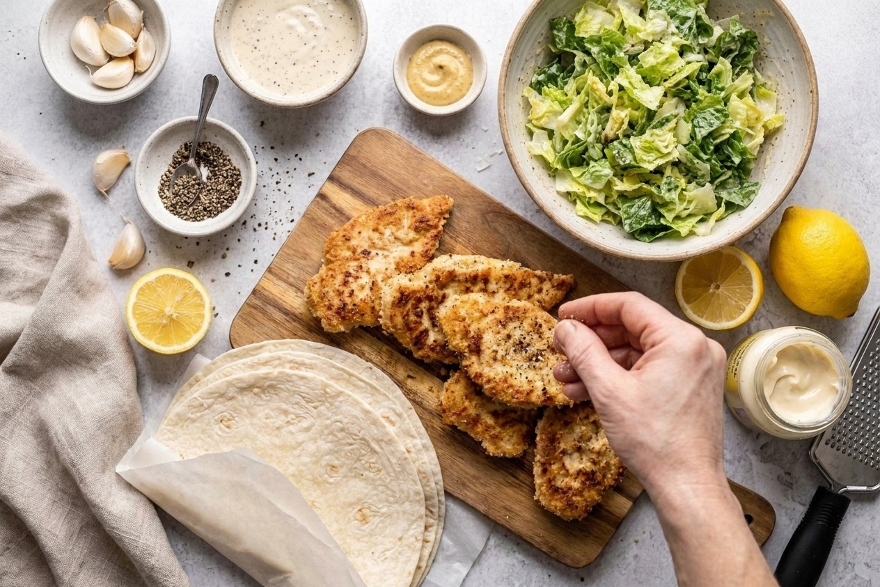 A kitchen counter with tortillas, chopped romaine, cooked chicken cutlets, Parmesan, lemon, garlic, Dijon mustard, mayonnaise, and black pepper