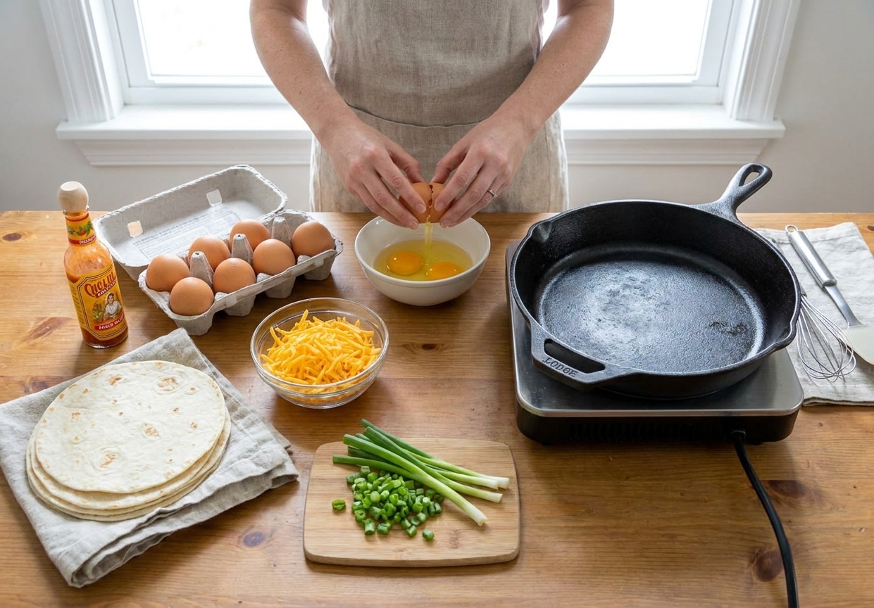A kitchen counter with tortillas, eggs, shredded cheese, green onions, and hot sauce arranged for quick cooking, bright natural light